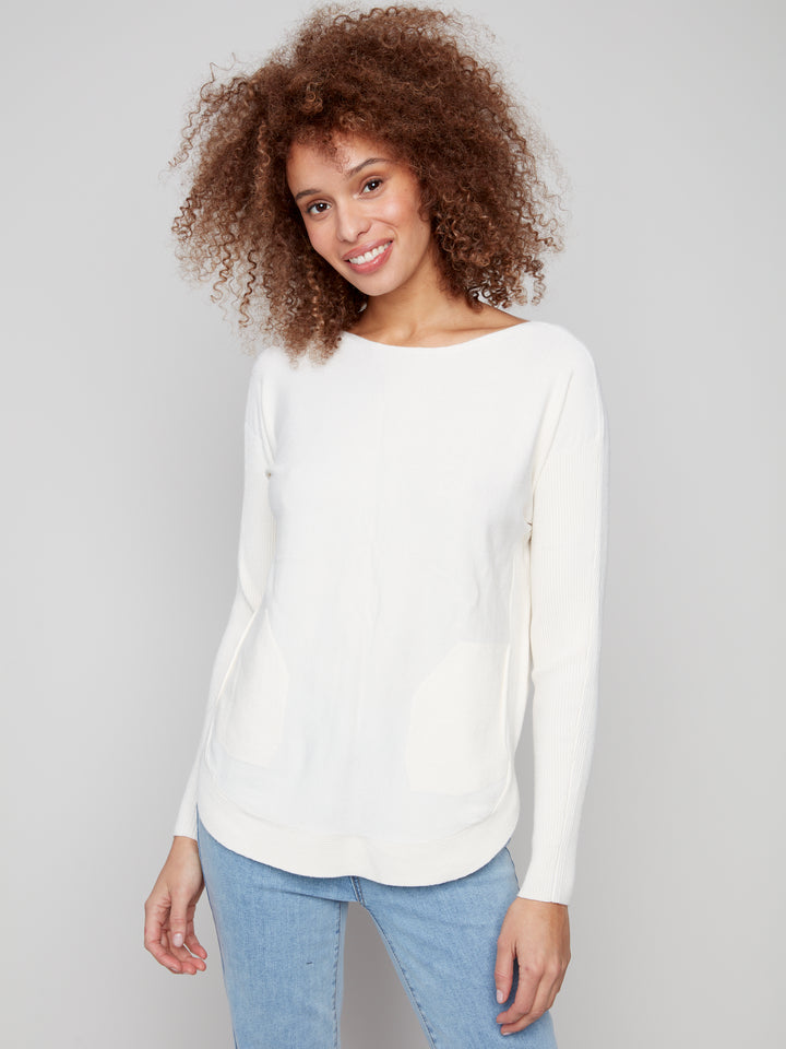 Ecru Lace-Up Back Plushy Knit Sweater