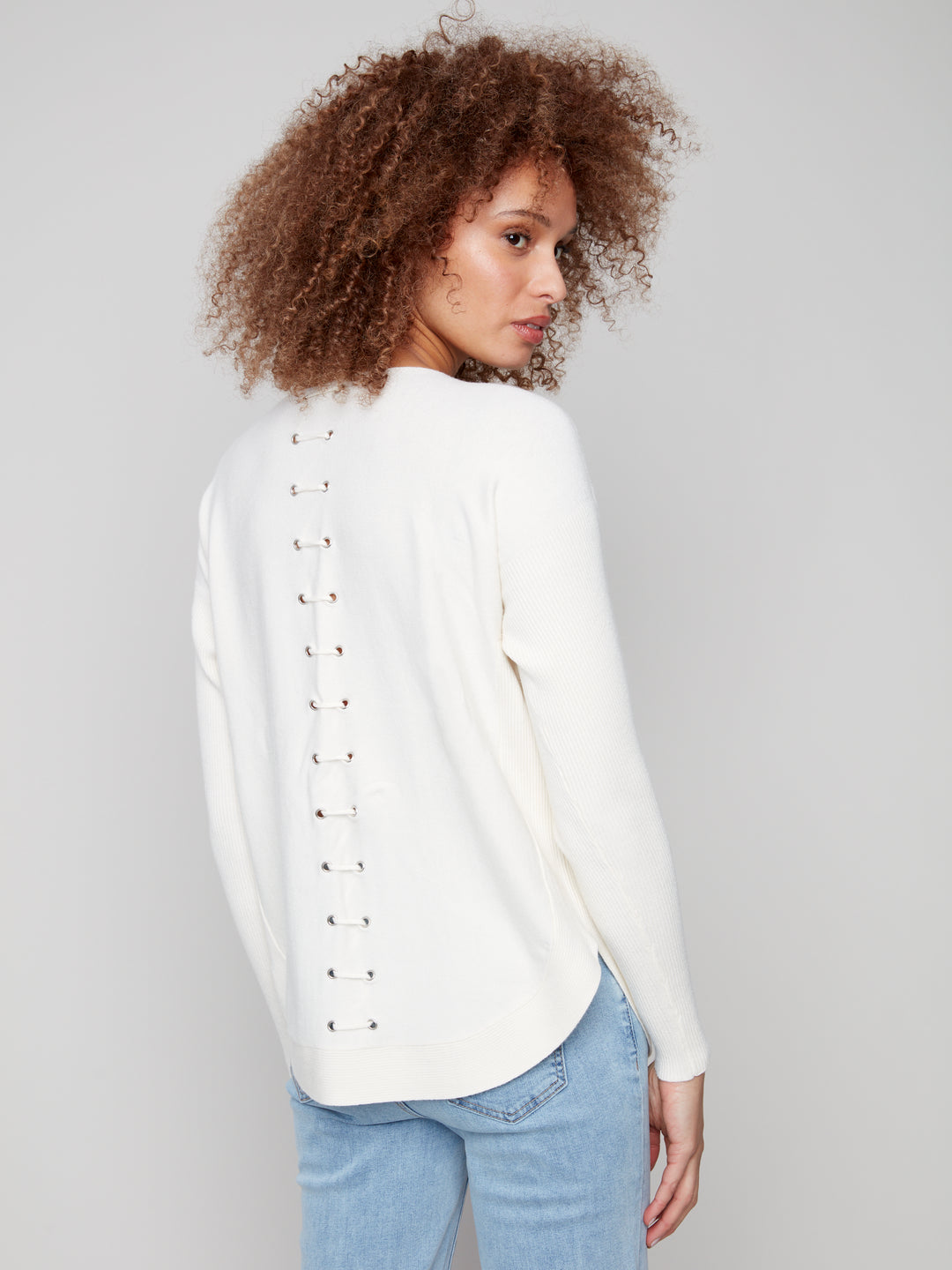 Ecru Lace-Up Back Plushy Knit Sweater