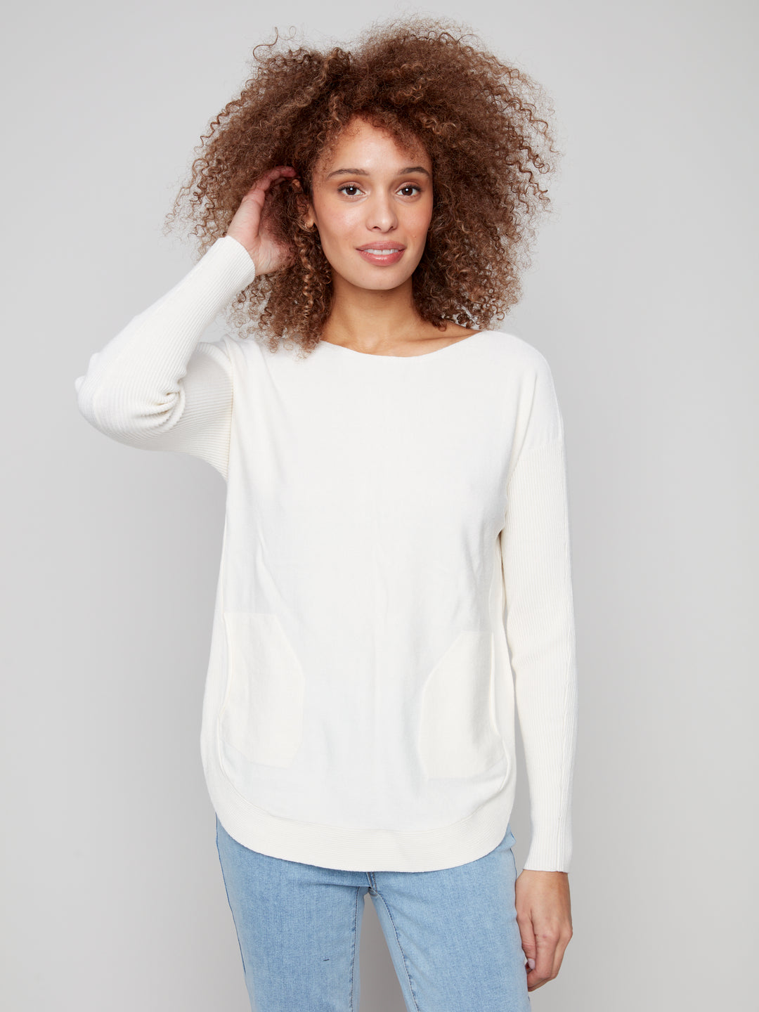 Ecru Lace-Up Back Plushy Knit Sweater
