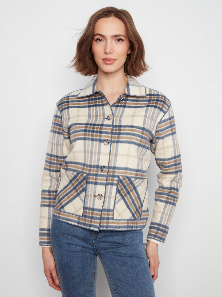 Ecru Reversible Brushed Plaid Short Coat