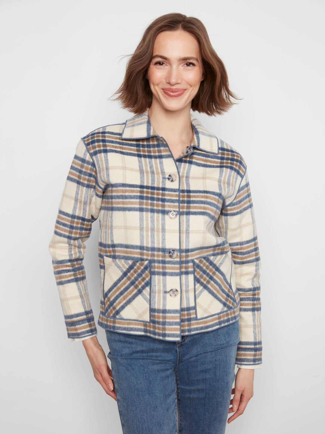Ecru Reversible Brushed Plaid Short Coat