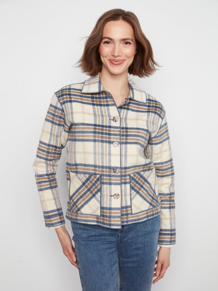 Ecru Reversible Brushed Plaid Short Coat