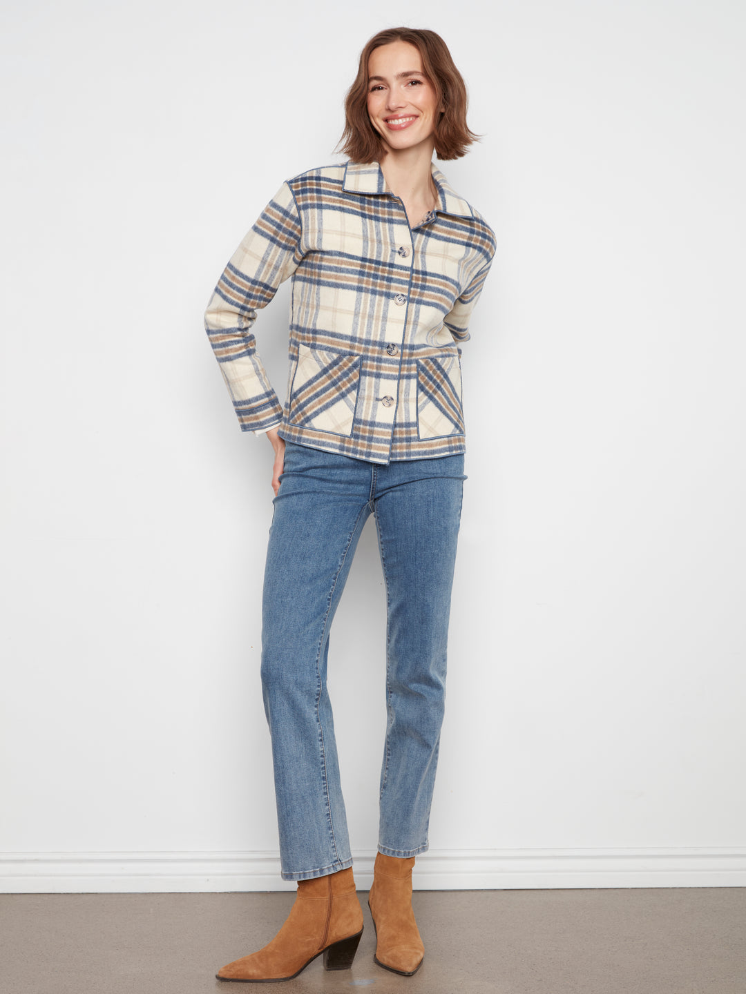 Ecru Reversible Brushed Plaid Short Coat