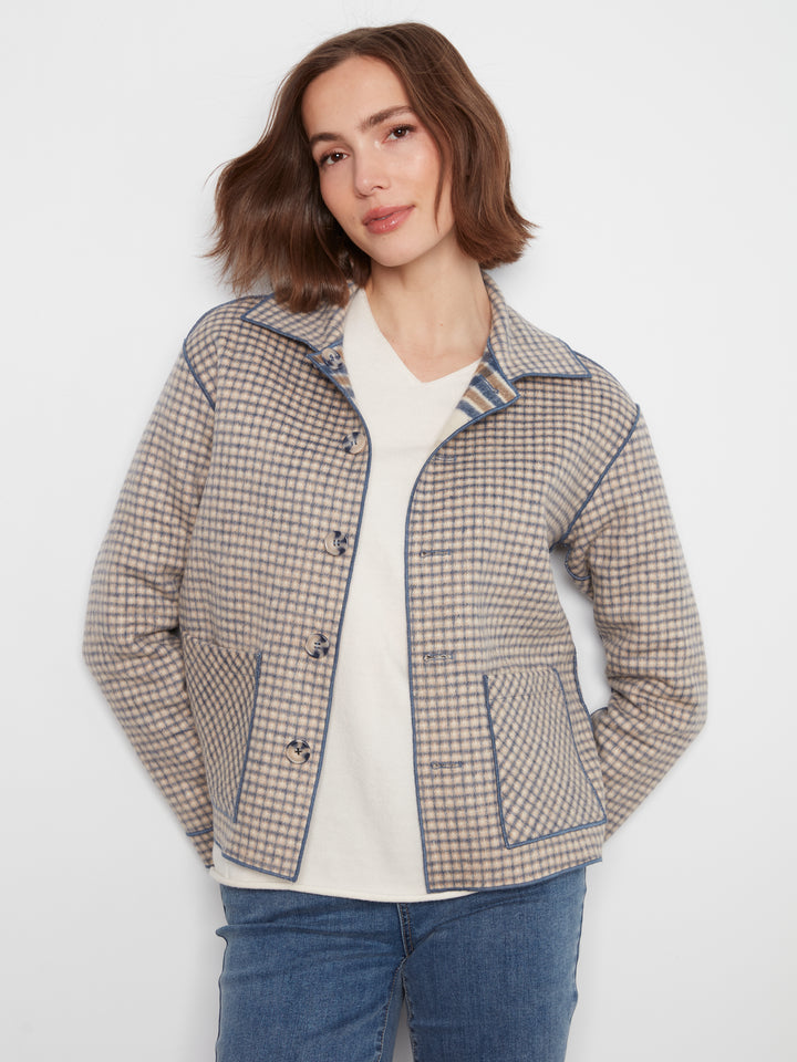 Ecru Reversible Brushed Plaid Short Coat