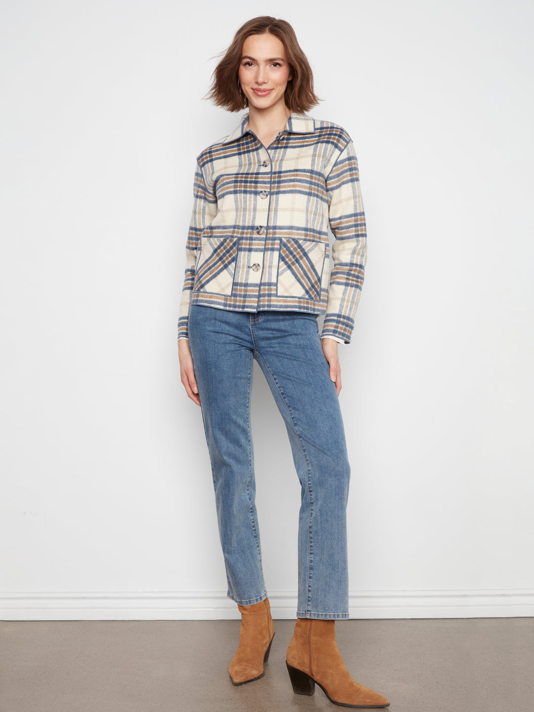 Ecru Reversible Brushed Plaid Short Coat