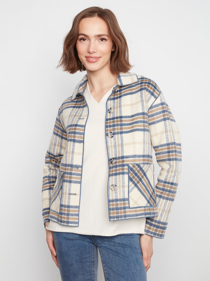 Ecru Reversible Brushed Plaid Short Coat