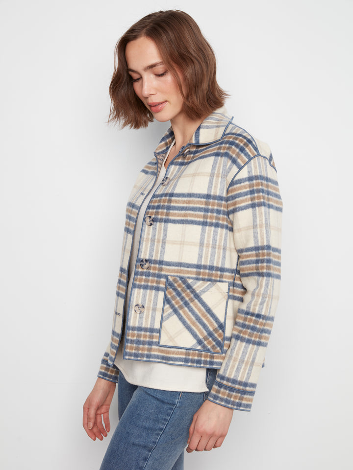 Ecru Reversible Brushed Plaid Short Coat