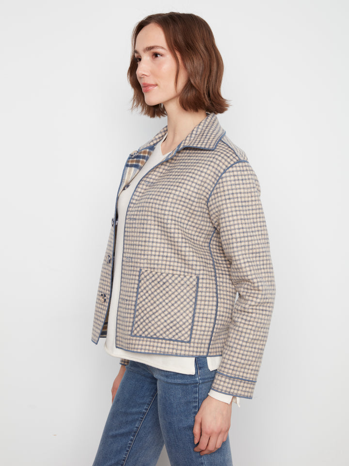 Ecru Reversible Brushed Plaid Short Coat