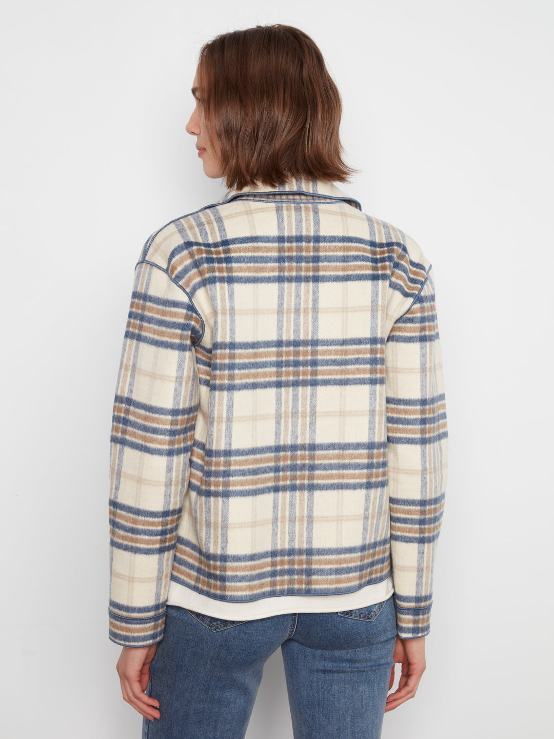 Ecru Reversible Brushed Plaid Short Coat