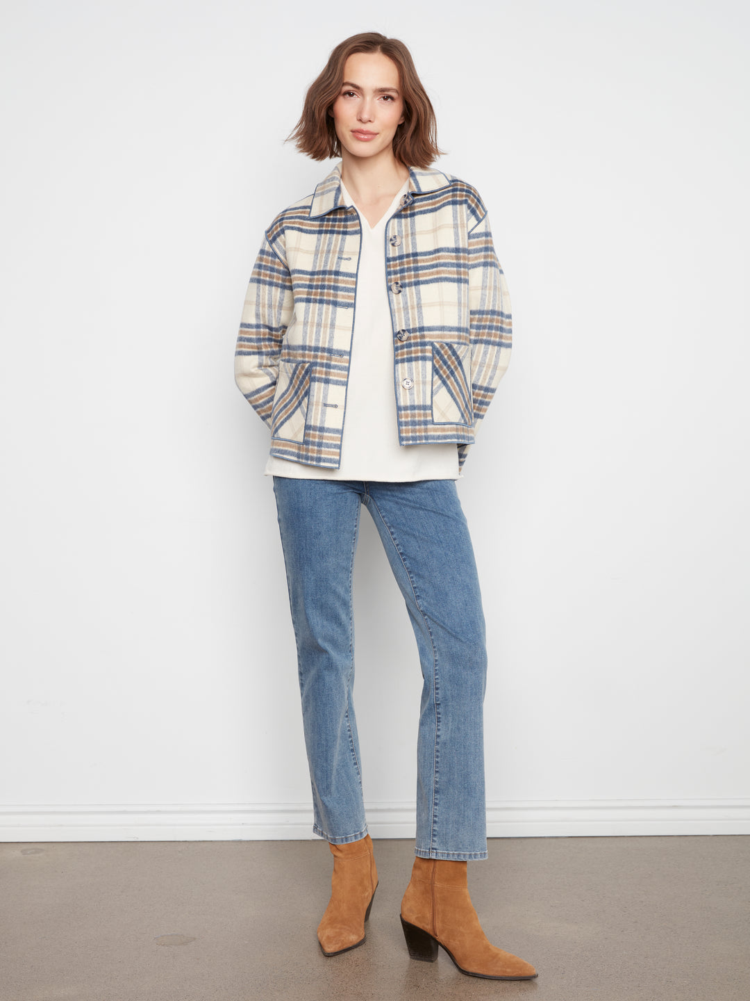 Ecru Reversible Brushed Plaid Short Coat