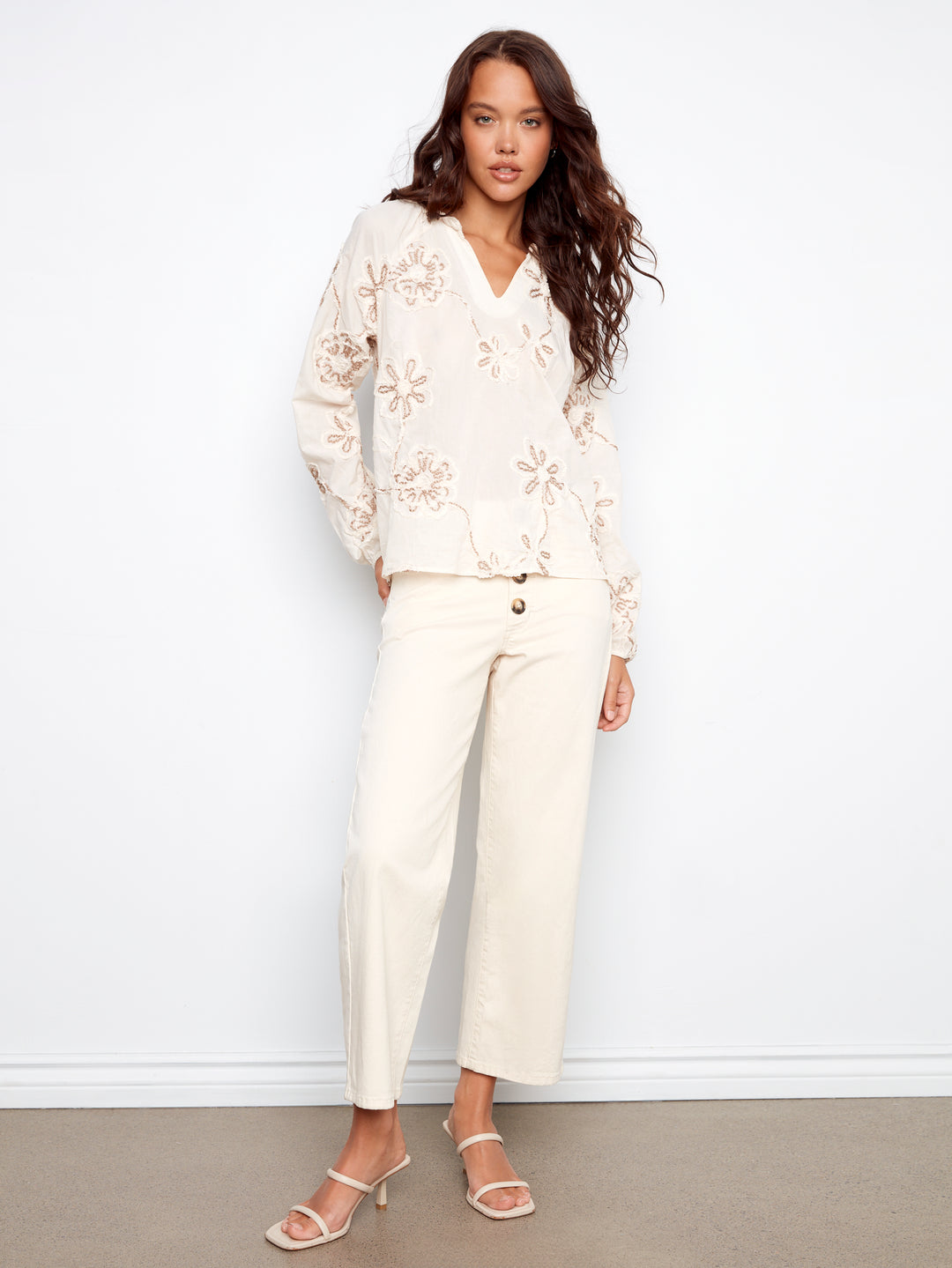 Ecru Textured Embroidered Cotton Blouse
