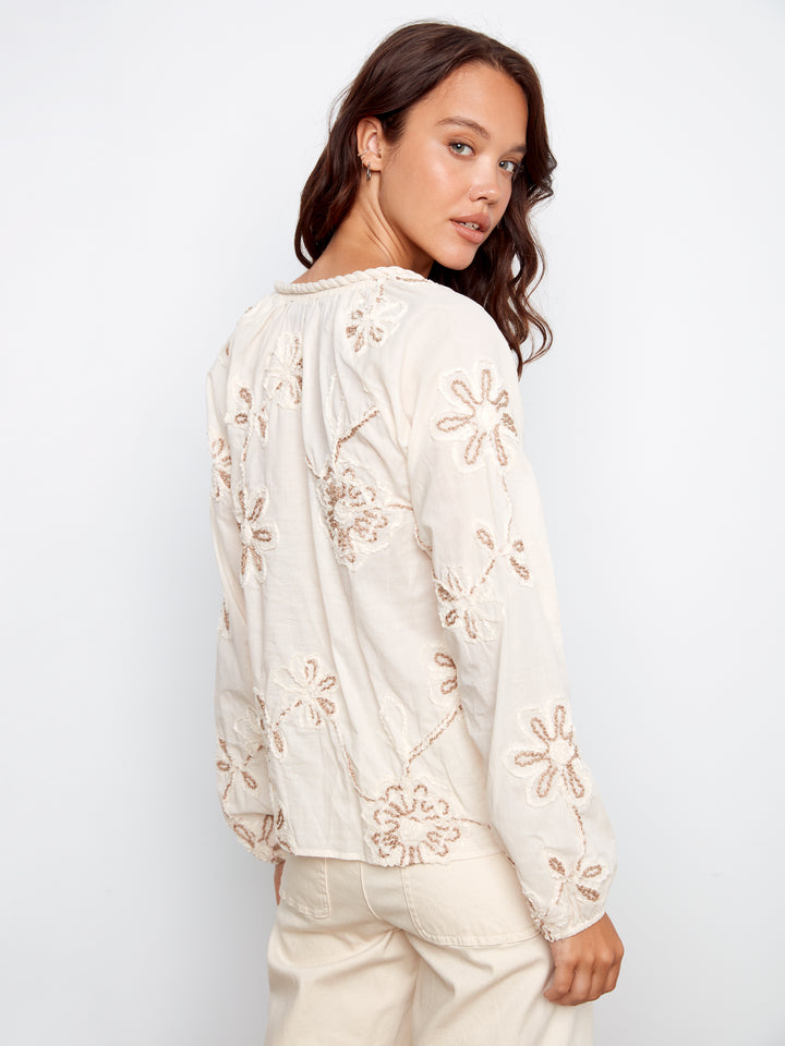 Ecru Textured Embroidered Cotton Blouse