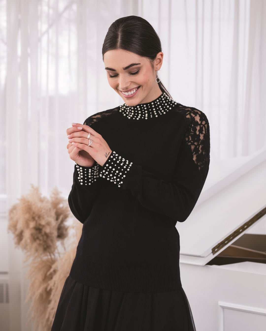 Elegant Pearl and Lace Detail Sweater