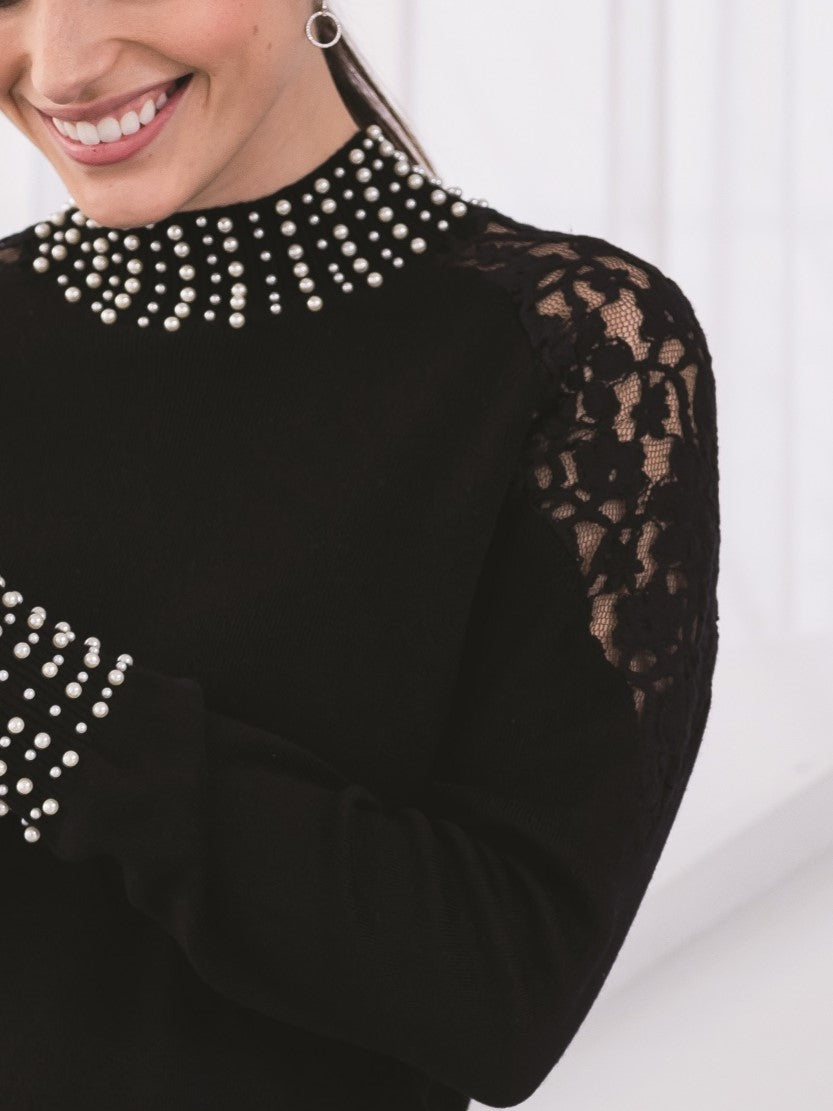 Elegant Pearl and Lace Detail Sweater