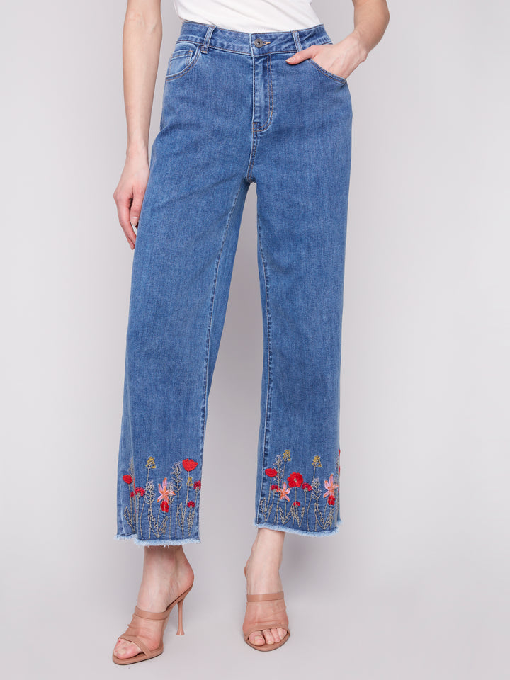 Embroidered Floral Hem Wide Leg Jean