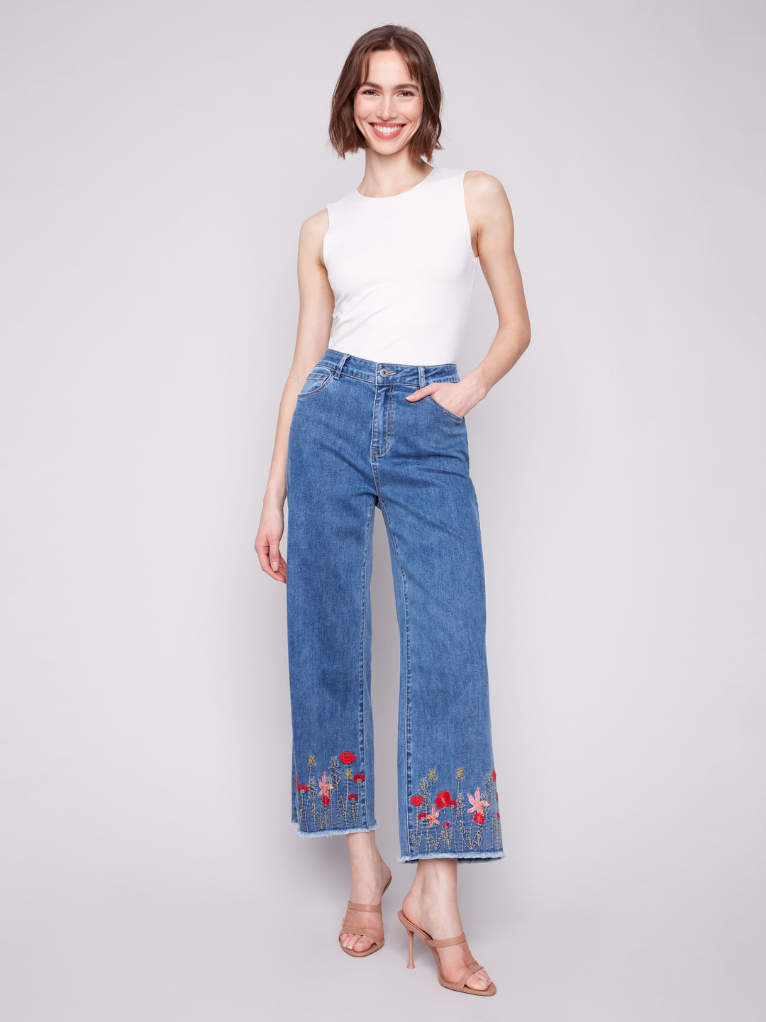 Embroidered Floral Hem Wide Leg Jean