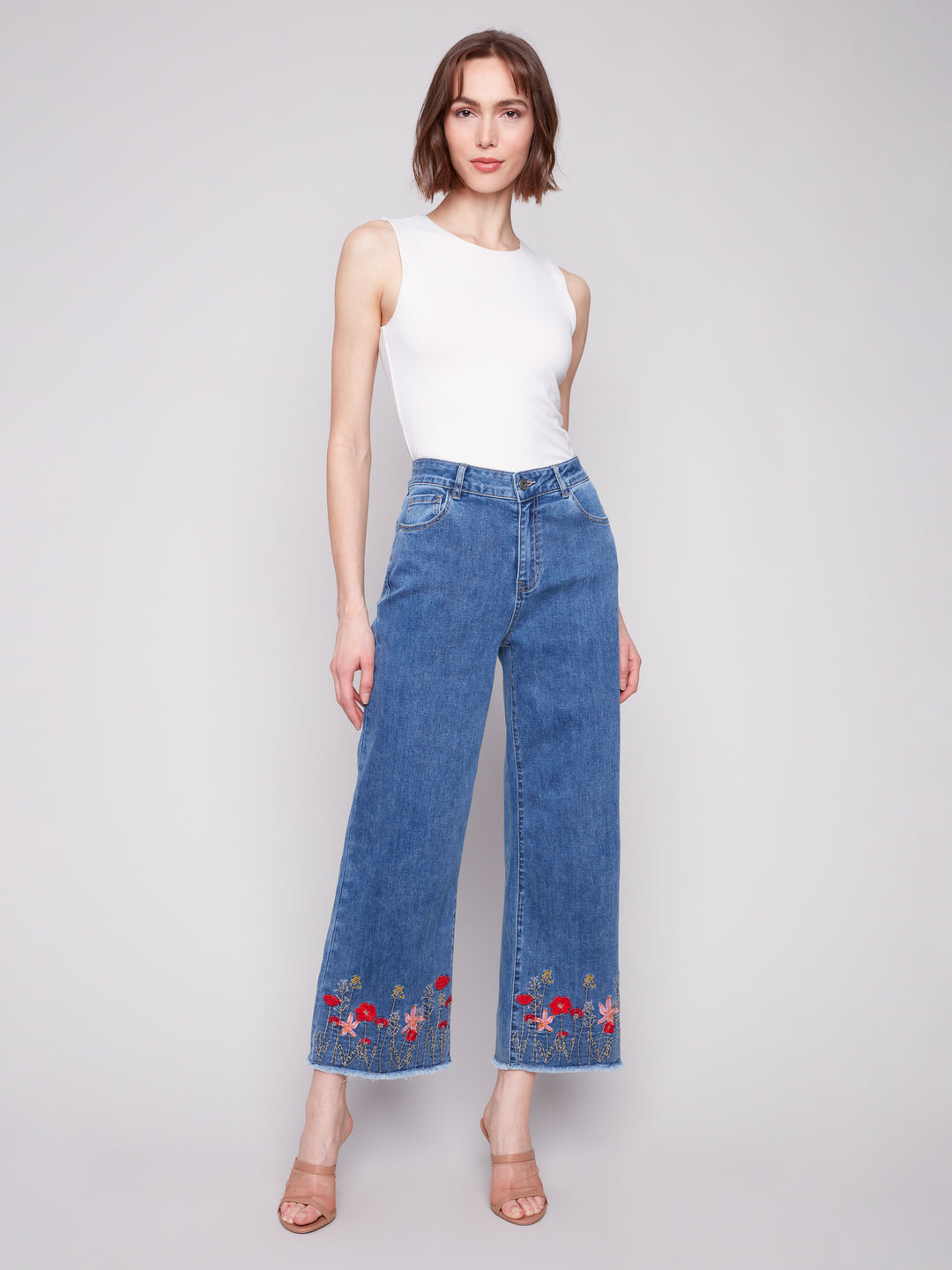 Embroidered Floral Hem Wide Leg Jean