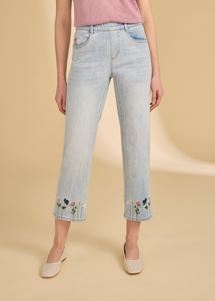Embroidered Flower Straight Crop Jean