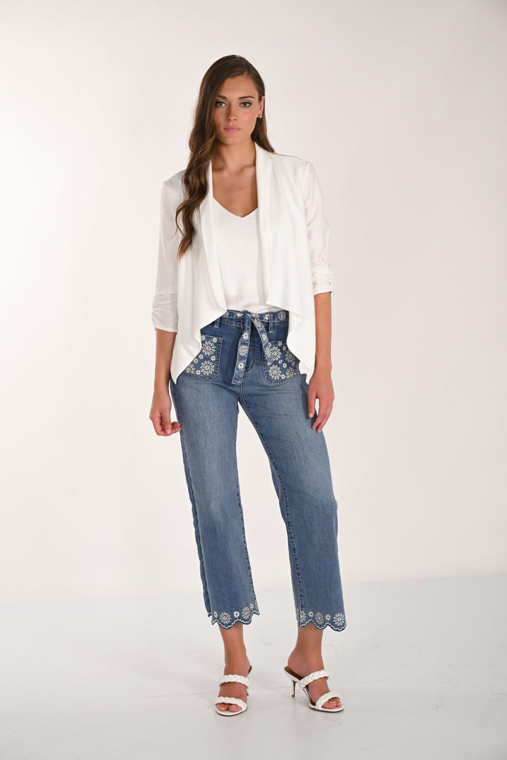 Embroidered Flowers Wide Leg Jean With Belt