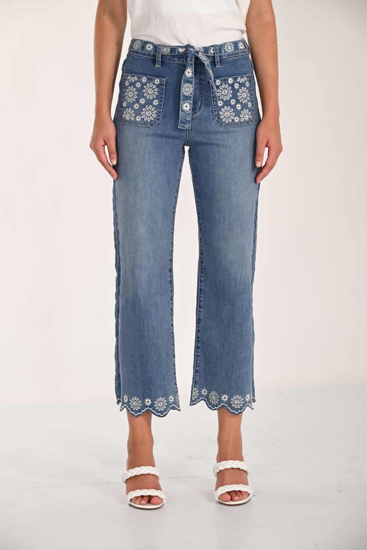 Embroidered Flowers Wide Leg Jean With Belt