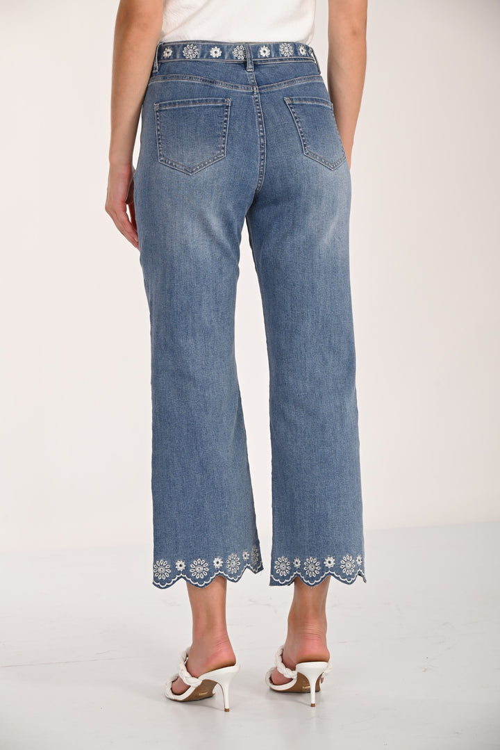 Embroidered Flowers Wide Leg Jean With Belt