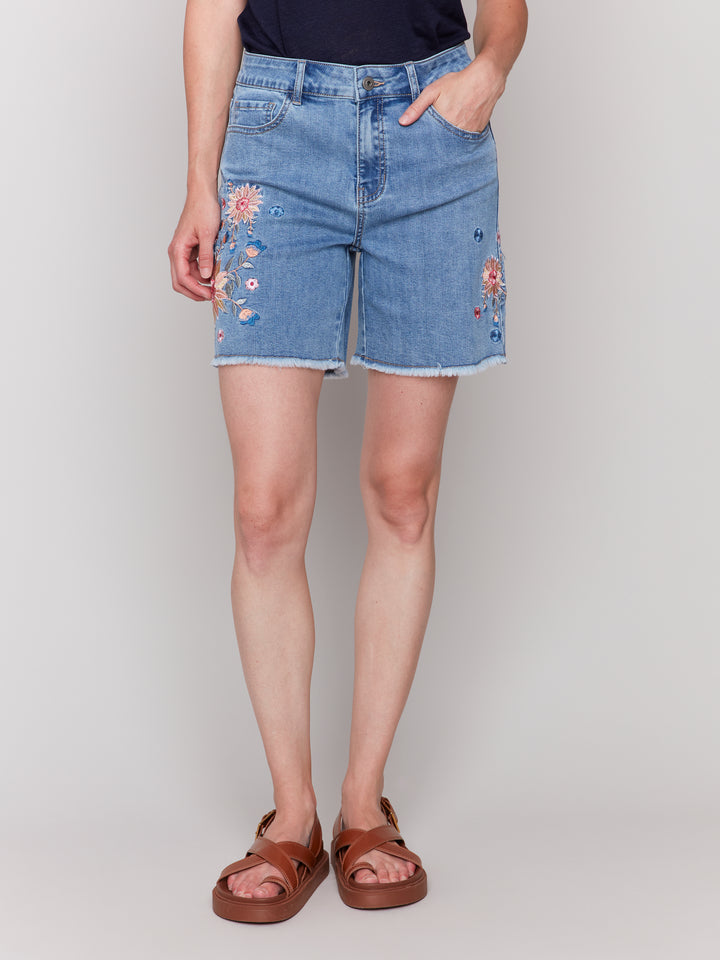 Embroidered Fringe Hem Denim Shorts