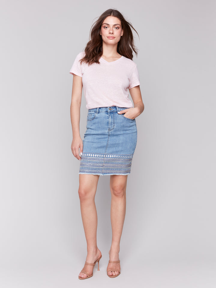 Embroidered Hem Denim Skort