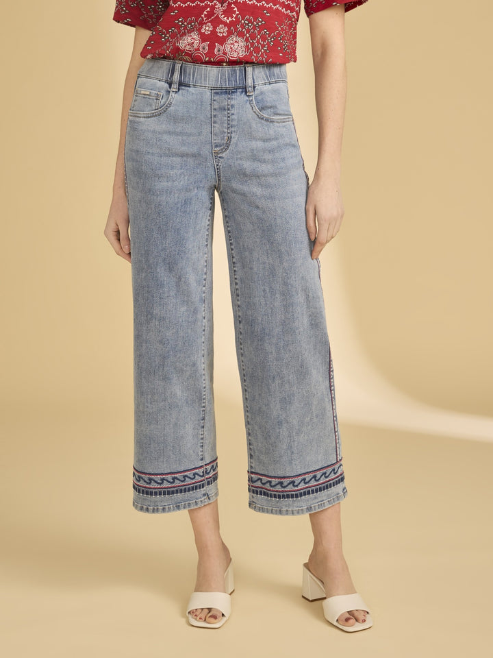 Embroidered Hem Wide Leg Crop Jean