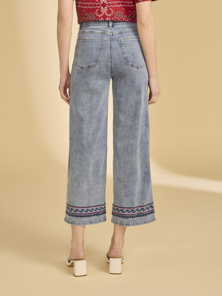 Embroidered Hem Wide Leg Crop Jean