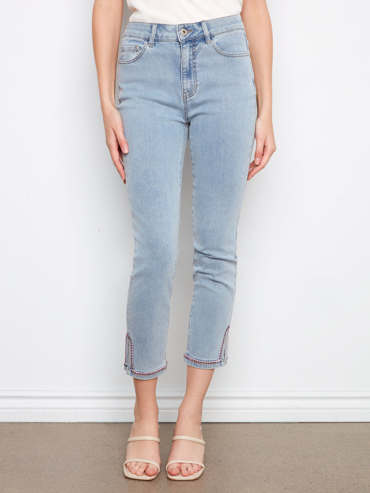 Embroidered Split Hem Light Blue Slim Jean