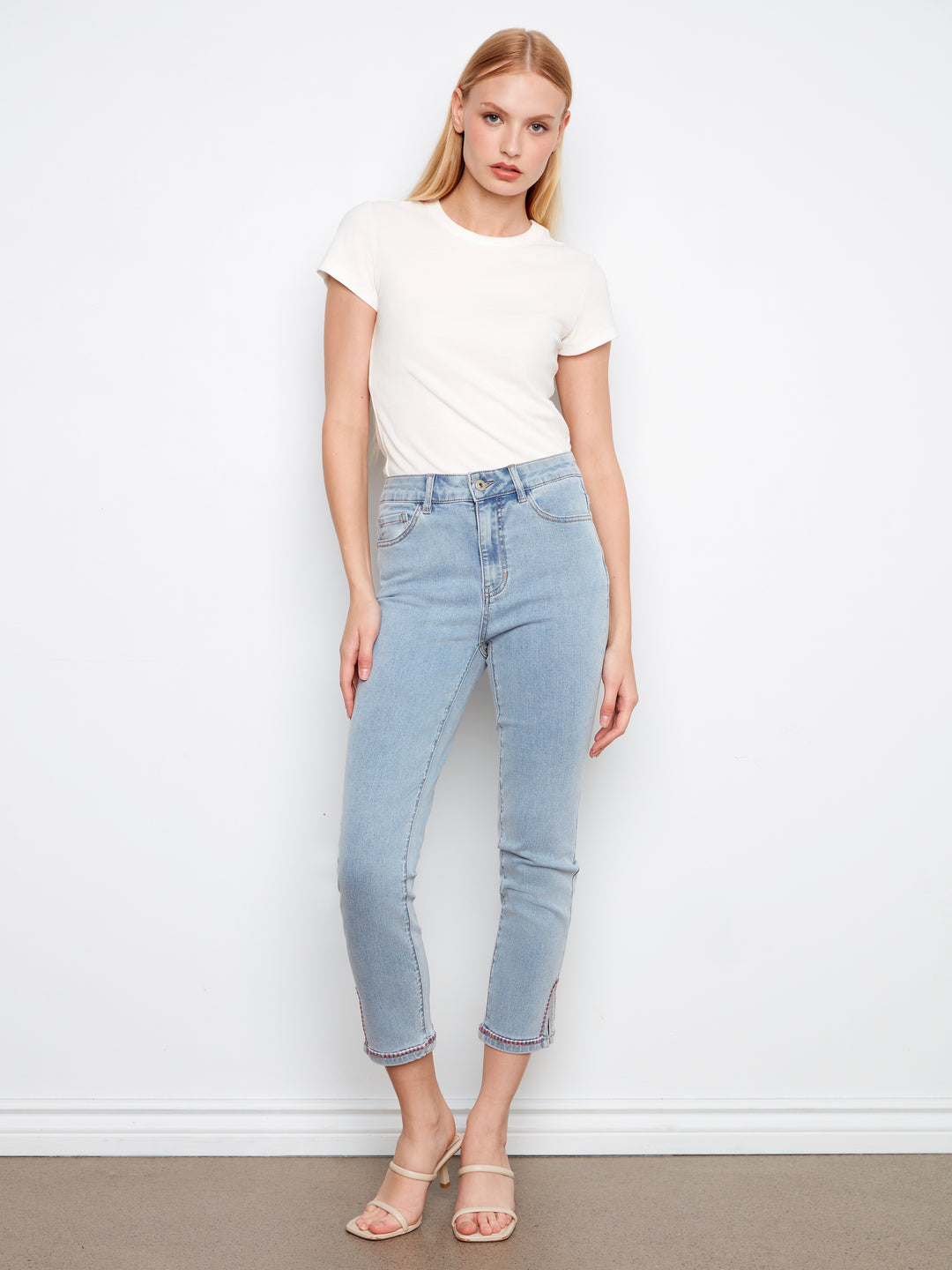 Embroidered Split Hem Light Blue Slim Jean