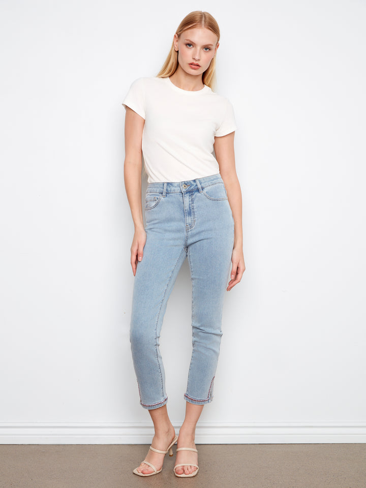 Embroidered Split Hem Light Blue Slim Jean