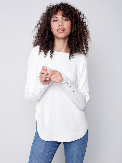 Ercu Lace-Up Sleeve Plush Knit Sweater