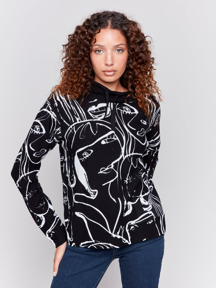 Faces Print Funnel Neck Sweater