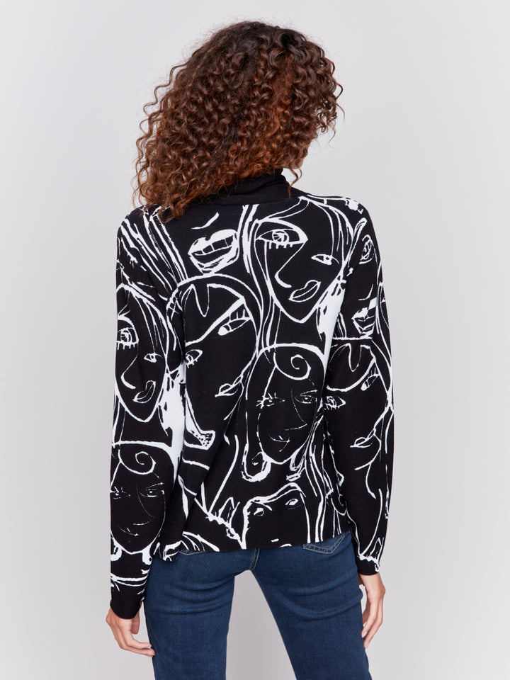 Faces Print Funnel Neck Sweater