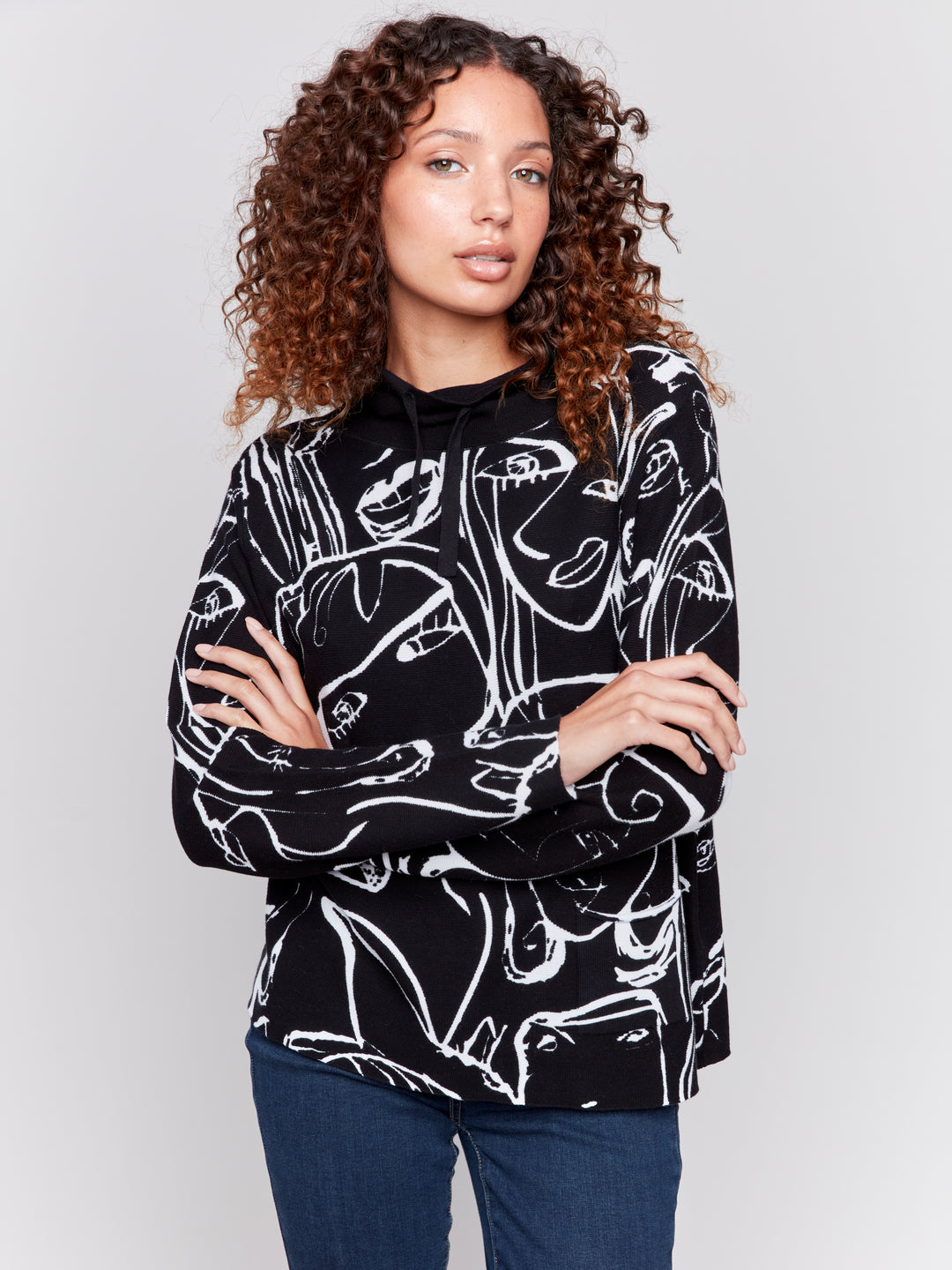 Faces Print Funnel Neck Sweater