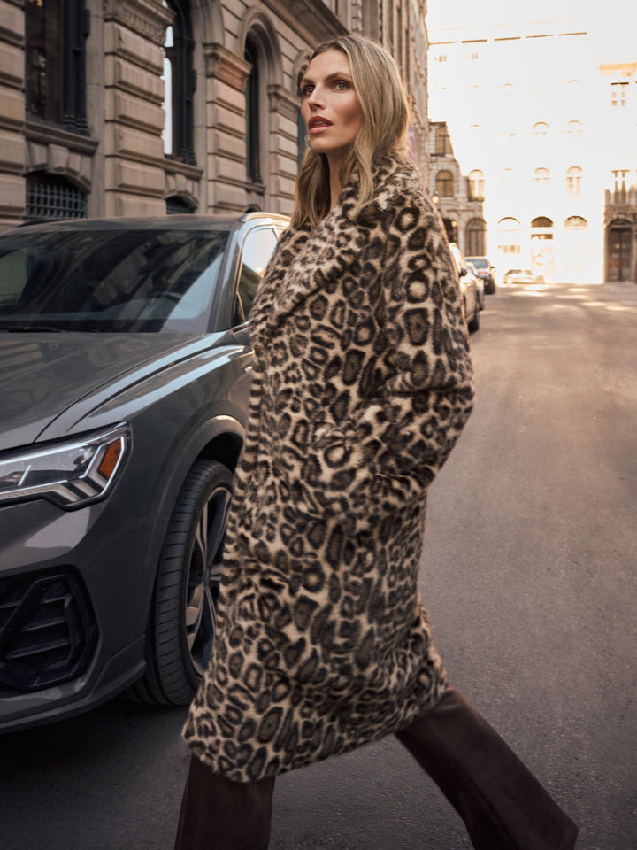Faux Fur Leopard Print Straight Coat
