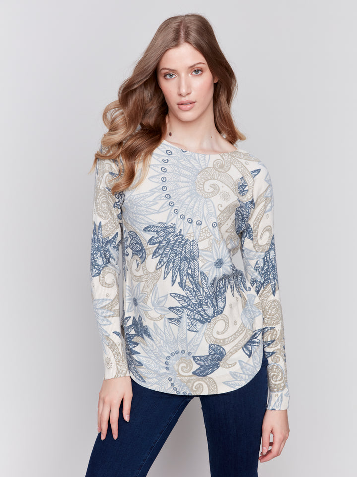 Feather Print Plushy Knit Sweater