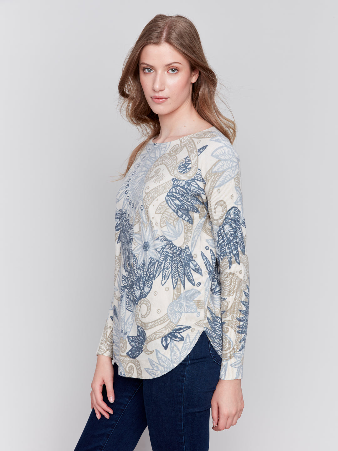 Feather Print Plushy Knit Sweater