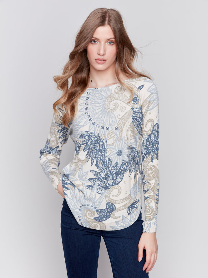 Feather Print Plushy Knit Sweater