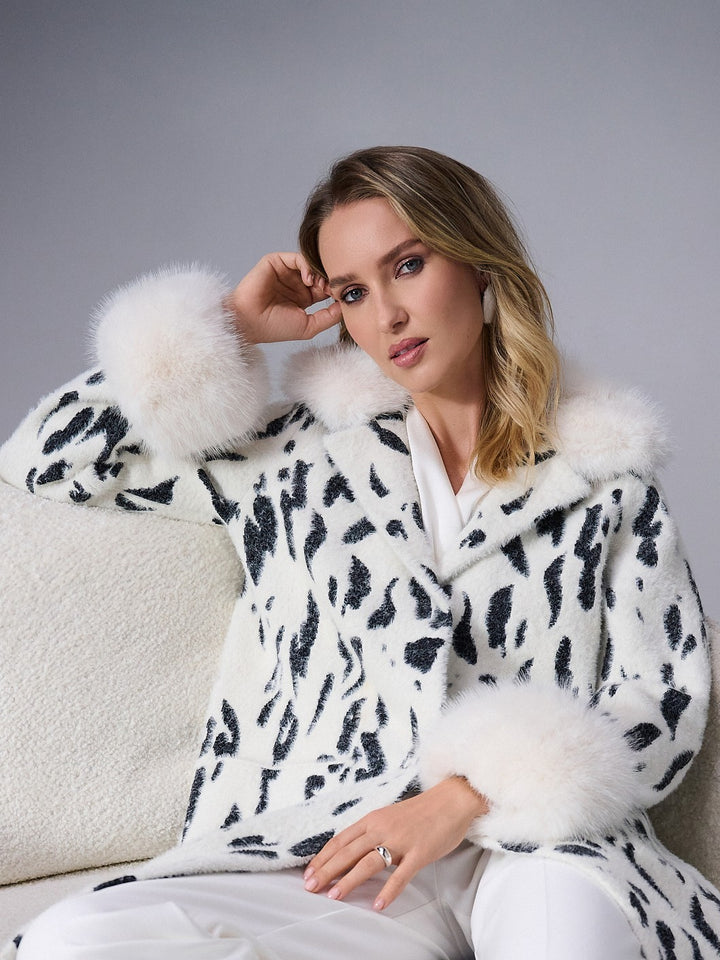 Feather Yarn and Faux Fur Animal Jacquard Coat