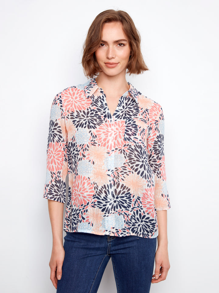 Fireworks Print Cotton Gauze Button Up Blouse