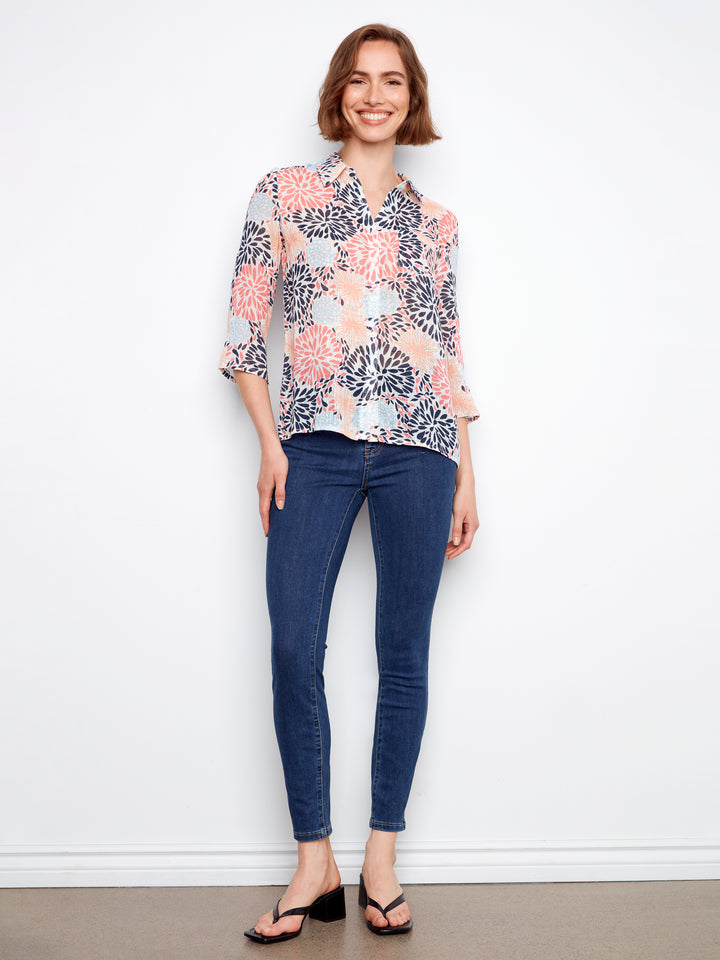 Fireworks Print Cotton Gauze Button Up Blouse