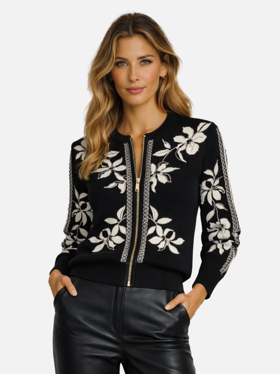Floral Border Print Zip Up Cardigan