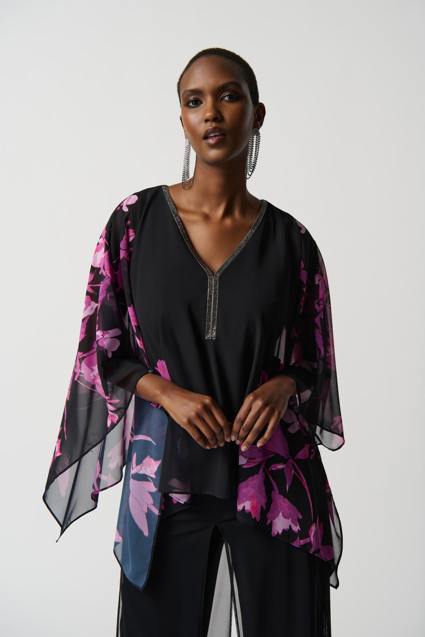 Floral Chiffon Poncho Top With Jewel Neck