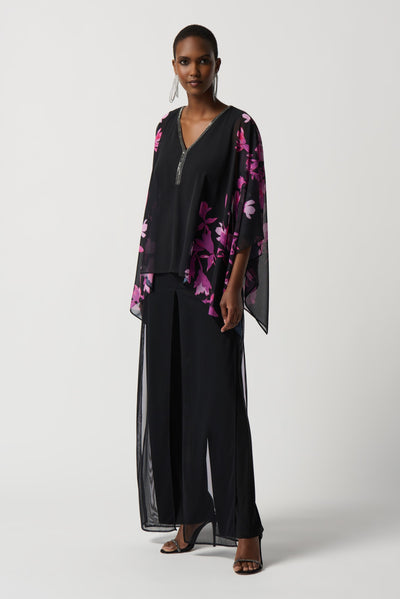 Floral Chiffon Poncho Top With Jewel Neck