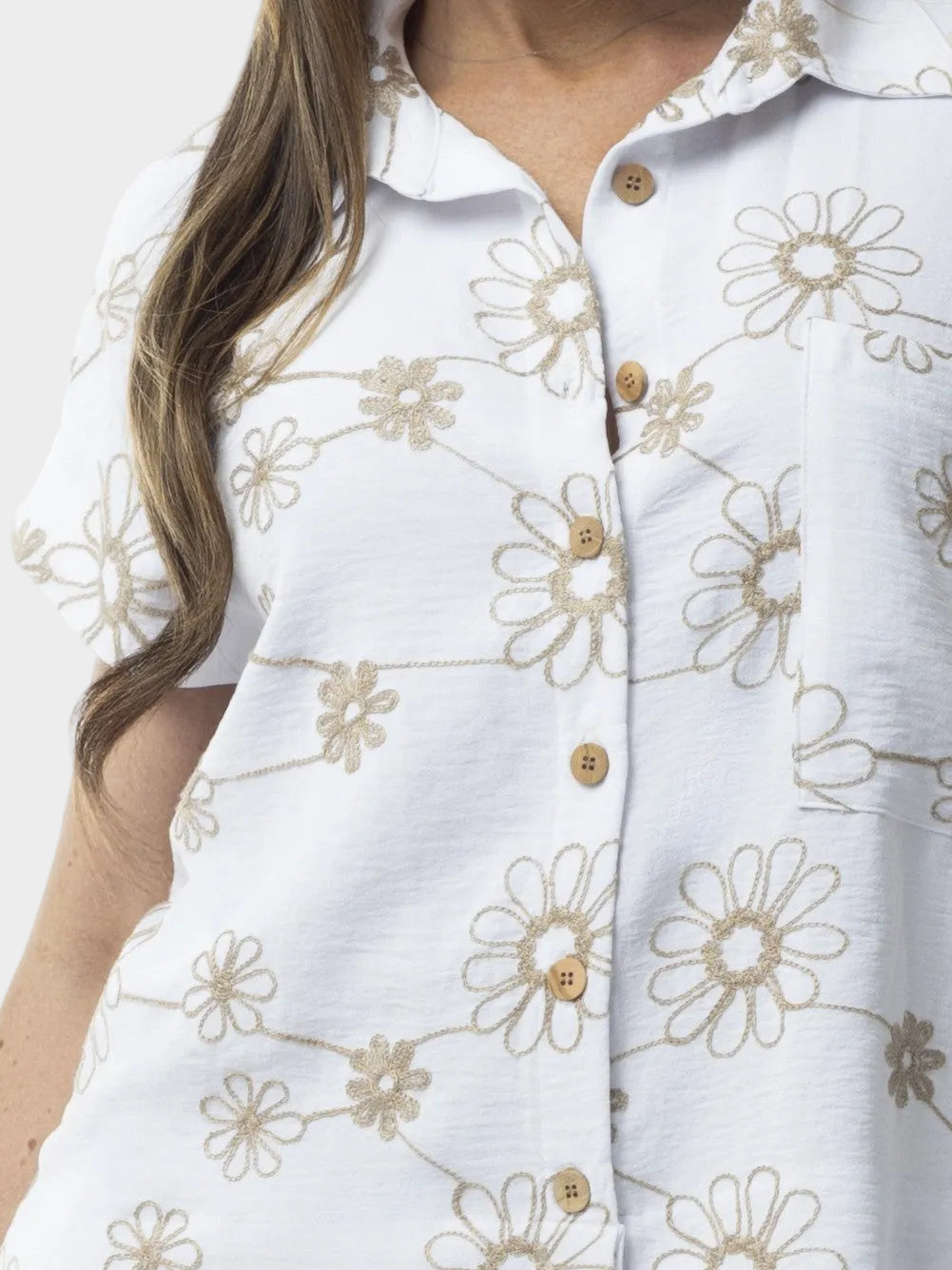 Floral Embroidered Airflow Cap Sleeve Shirt