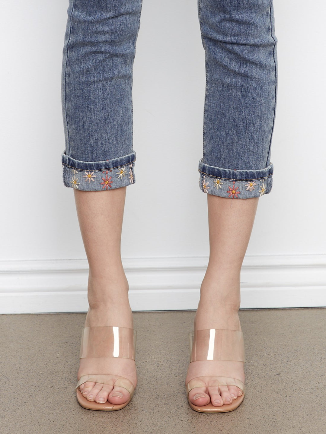 Floral Embroidered Cuff Slim Leg Medium Blue Jean