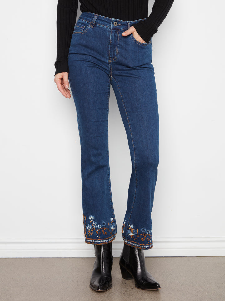 Floral Embroidered Hem Side Slit Flare Jean