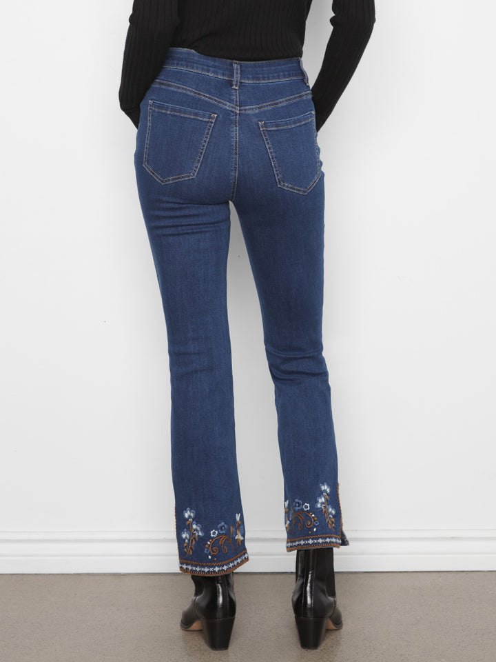 Floral Embroidered Hem Side Slit Flare Jean